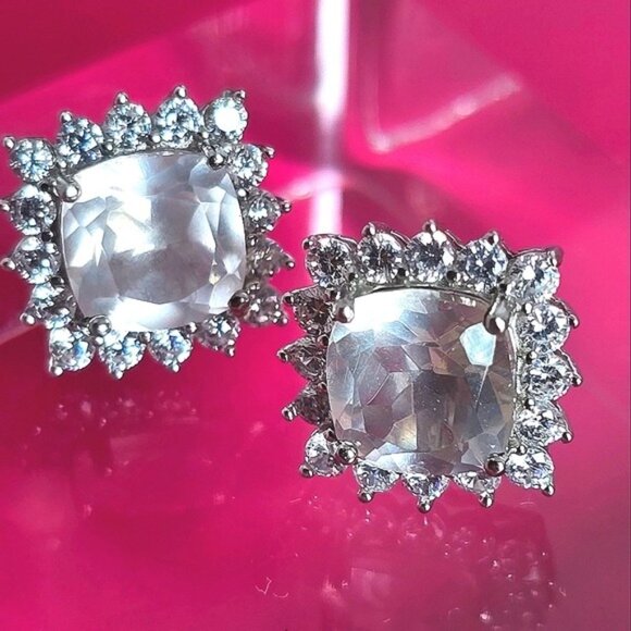 Natural Rose Quartz & CZ 925 Sterling Silver  Earrings - Picture 1 of 9